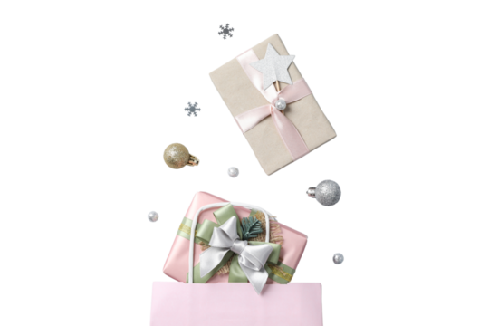 PNG, Christmas gift boxes with Christmas toys isolated on white background.