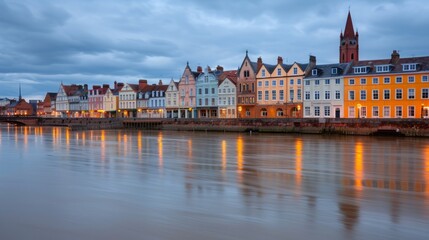 Colorful buildings along a river at dusk.