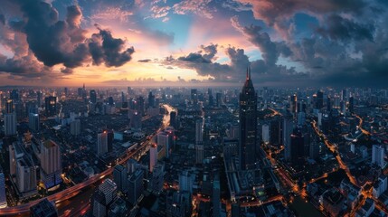Fototapeta premium Aerial View of Cityscape at Sunset
