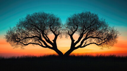 Two intertwined trees silhouetted against vibrant sunset sky, resembling heart shape