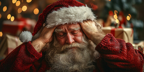 drunk santa. A close-up portrait of Santa Claus looking stressed and overwhelmed amidst Christmas gifts and lights.