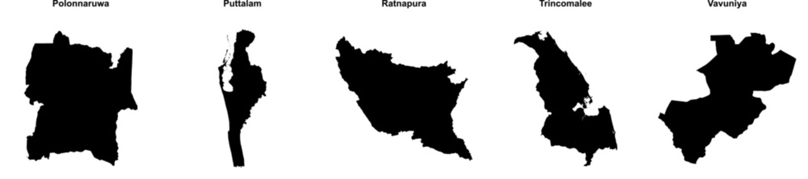 Polonnaruwa, Puttalam, Ratnapura, Trincomalee, Vavuniya outline maps