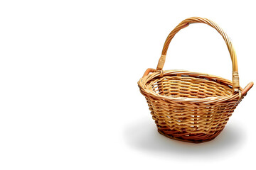 Obraz premium Minimalist Rustic Handmade Wicker Basket with Shadow Isolated on White – Perfect for Decor and Storage, Natural Craft Design for E-commerce, Home Decor, Product Catalogs, Blogs, Social Media, Ads