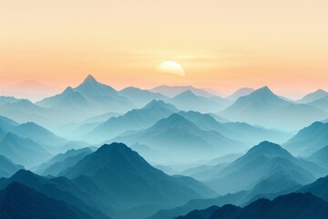 Fototapeta premium Dreamy landscape of mist-covered mountains at dawn, with soft layers fading into the horizon. Gentle pastel tones of blue, orange, and yellow create an ethereal and calming atmosphere.