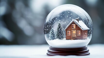 Snow globe with wooden house, trees, and falling snow inside