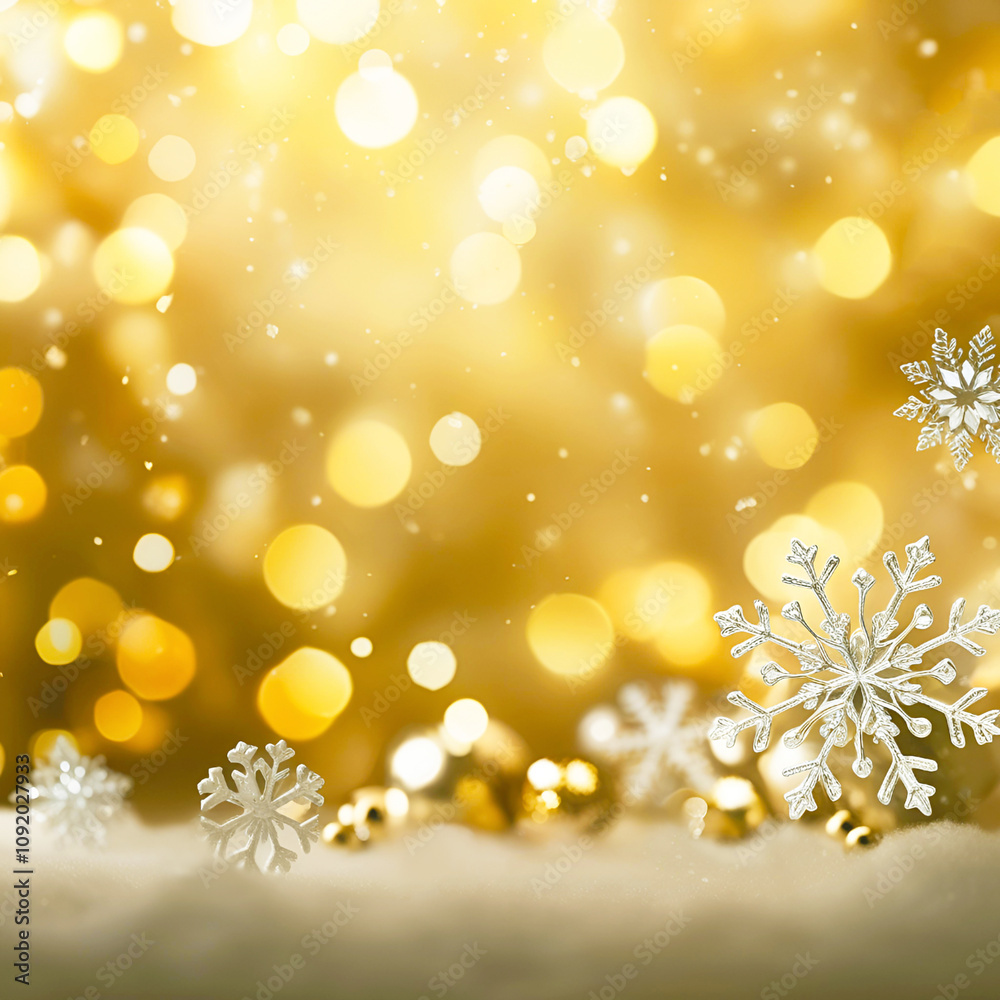 Canvas Prints christmas golden bokeh background with some big snowflakes and snow infront