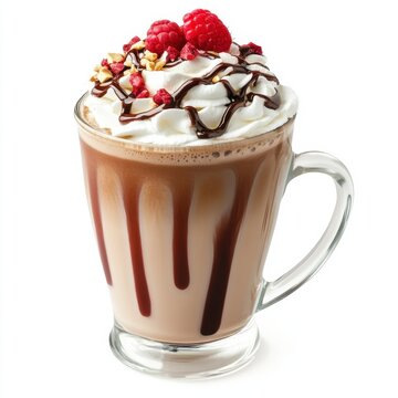 A luxurious chocolate raspberry mocha with whipped cream and raspberry syrup, isolated white background, realism art style