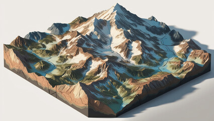 highly detailed isometric map of mountains,