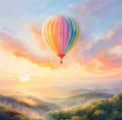 Obraz premium A vibrant hot air balloon floats above a serene landscape, illuminated by a stunning sunset, blending colors and nature beautifully.