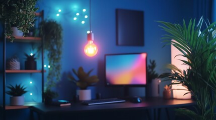 Stylish Neon-Lit Modern Home Office Workspace, Low-light Dim Room Scene, RGB-Lit Computer Setup: For Streaming, Zoom Virtual Meetings, YouTube Digital Channel Background, Modern Studio Backdrop