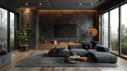 Interior of light living room with grey sofas, coffee table and large window
