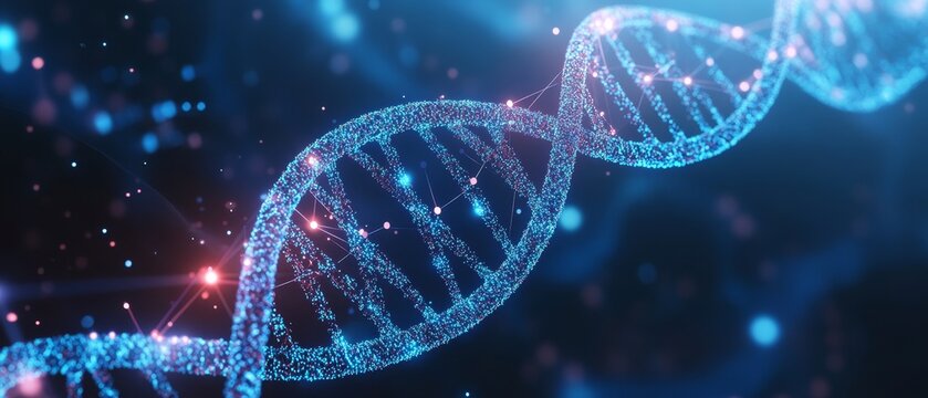 DNA structure, an abstract background related to medical and healthcare, showcasing a futuristic concept of DNA technology against a high-tech blue backdrop. 