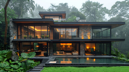 A luxurious modern house with expansive windows illuminated by warm lights, accompanied by a large swimming pool, exemplifying elegance and comfort.
