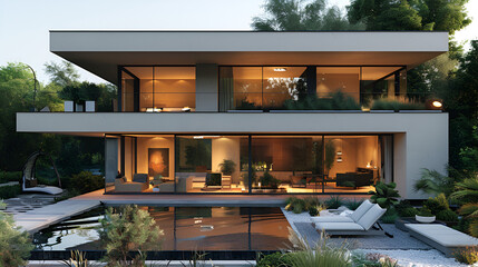 A luxurious modern house with expansive windows illuminated by warm lights, accompanied by a large swimming pool, exemplifying elegance and comfort.
