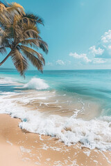 Peaceful smartphone wallpaper showcasing a tropical paradise with calm turquoise waves, white sandy shores, and swaying palm trees, made with generative ai
