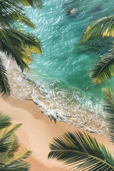 Serene tropical beach scene with crystal-clear turquoise water, soft white sand, and lush palm trees, perfect for smartphone backgrounds, made with generative ai