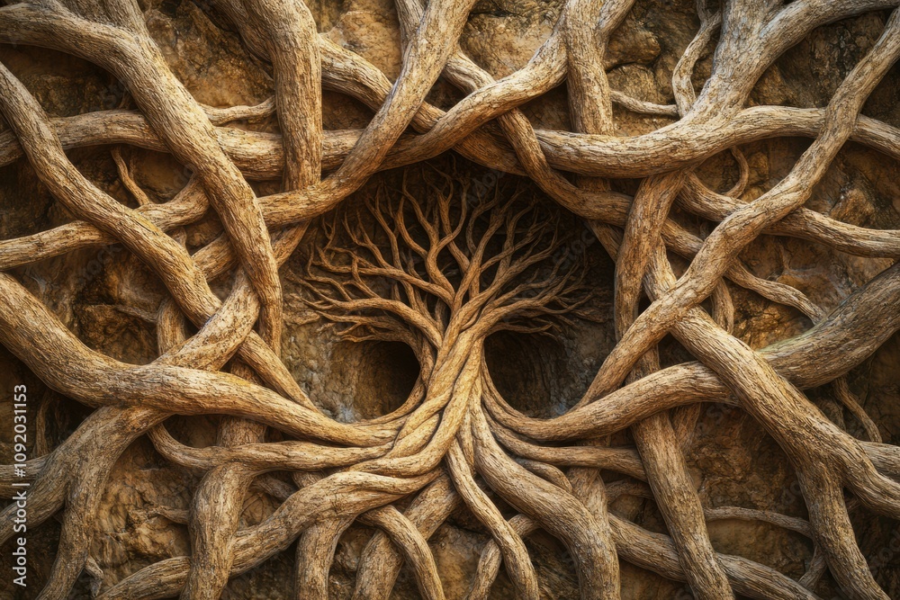 Poster intertwining branches and deep roots create a captivating depiction of the tree of life, symbolizing