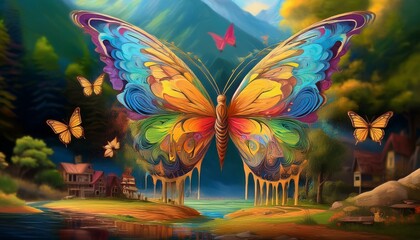 The paints pouring from the wings of a butterfly, which it uses as a natural village