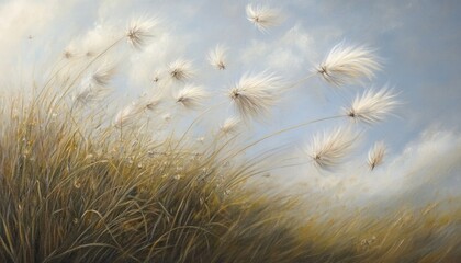 Obraz premium Grass and White Feathery Flowers Blowing in the Wind, Soft Textures