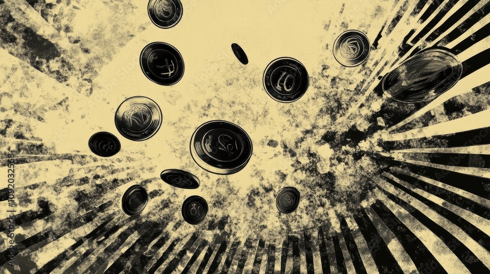 Leinwandbilder Falling coins and price tags create a dynamic abstract representation of value, commerce, and financial exchange in a stylized manner. Generative AI