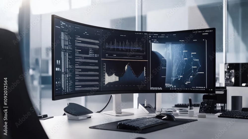 Poster modern workspace with curved computer monitors displaying data analytics and graphs in a bright offi