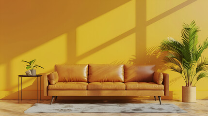 A vibrant yellow sofa anchors a minimalist living space, accented by lush greenery and modern decor.
