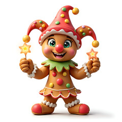Fototapeta premium Cheerful cartoon gingerbread clown with colorful sprinkles and star wands enchanting a playful holiday scene, 3d rendering of character design concept.