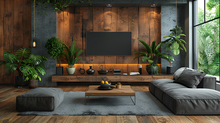 Cozy Living Room Interior with Brown Leather Sofa and TV.
