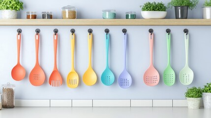 Colorful Cooking Utensils Hanging on a Shelf in a Modern Kitchen with Various Plants and Spice Jars for a Fresh Culinary Atmosphere
