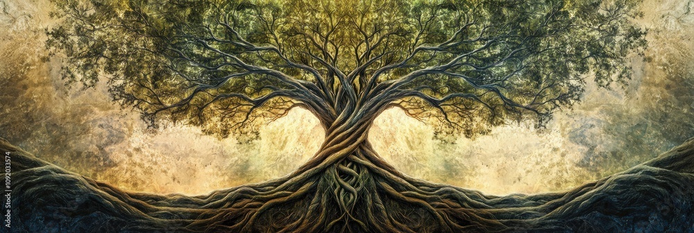 Poster The vivid representation of a tree of life showcases intricate branches and roots that illustrate deep connections and thriving growth. Generative AI