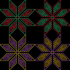 India stitch Kasuti embroidery fabric pattern needle work seamless geometric abstract culture decorative hand drawn tribal asian template printed colorful line artwork black background quilt wallpaper