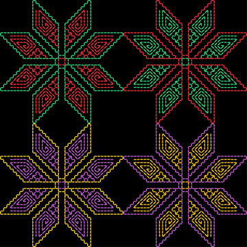 India stitch Kasuti embroidery fabric pattern needle work seamless geometric abstract culture decorative hand drawn tribal asian template printed colorful line artwork black background quilt wallpaper
