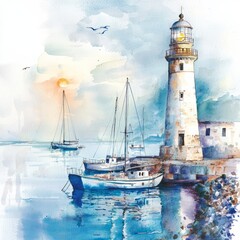 Watercolor painting of a lighthouse near a harbor, with boats anchored in calm waters and the light shining out to sea