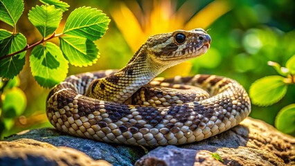 Captivating Eastern Diamondback Rattlesnake in Its Natural Habitat Surrounded by Lush Vegetation and Sunlight, Showcasing Its Unique Patterns and Colors for Wildlife Photography Enthusiasts