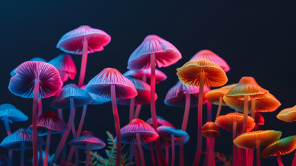 Colorful generative ai collage of bright glossy mushrooms in night magical woods
