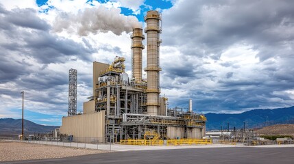 Obraz premium Industrial Power Plant with Smoke Emission Under Dramatic Cloudy Sky in Desert Landscape Showcasing Modern Energy Production and Infrastructure Technology