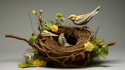 portrait of a small important Sparrow chick sitting in a nest in a summer Sunny garden waiting for parents
