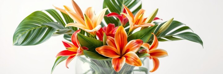 Obraz premium Exotic tropical flowers in a modern glass container, modern interior design, greenery, container gardening