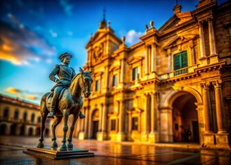 Fototapeta premium Captivating Facade of an Ancient Building with Shadow and Reflection of a Warrior Knight on Horse in a Tilt-Shift Perspective for a Unique Artistic Effect