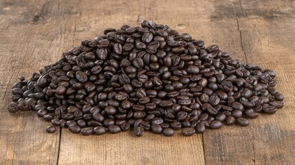 Fototapeta premium Freshly Roasted Coffee Beans Piled on Rustic Wooden Table with Natural Grain and Texture, Perfect for Coffee Lovers and Food Photography Needs