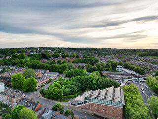 High Angle View of British Historical City of Winchester Central During Sunset, England United Kingdom, Aerial Footage Was Captured with Drone's Camera From Medium High Altitude on May 17th, 2024