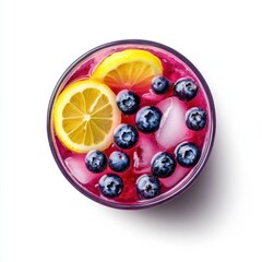 A refreshing blueberry lemonade with fresh blueberries and lemon slices, in a pitcher, isolated white background