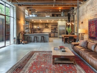 Fototapeta premium Loft Apartment Features Industrial Design Kitchen and Living Area