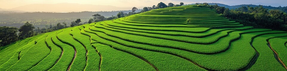 Lush Green Rice Terraces at Sunrise in Southeast Asia Capturing Agricultural Beauty, Natural Terrain, Scenic Landscapes, and Traditional Farming Practices
