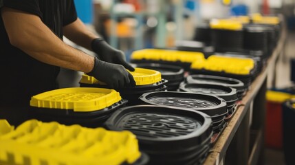 Worker Assembling Yellow and Black Components in Manufacturing Setting, Focus on Hands Stacking Parts on Workshop Table in Production Line