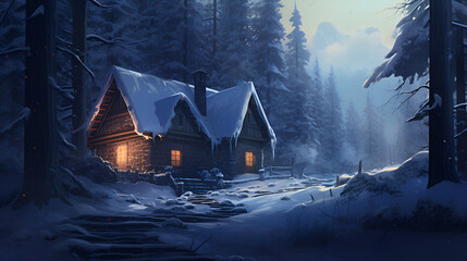 A cozy cabin in the woods with a fireplace and a warm glow
