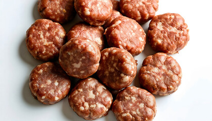 A close-up of freshly formed sausage patties arranged on a pristine white plate, showcasing their inviting texture and color. Perfect for culinary use.