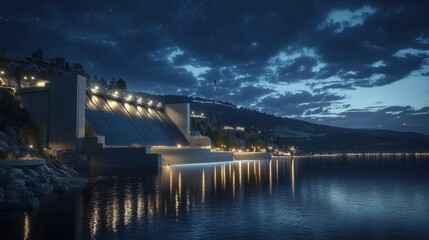 Fototapeta premium Stunning Nighttime View of a Modern Dam with Vibrant Reflections on Water Surrounded by Scenic Landscape under Starry Sky