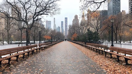 Fototapeta premium A serene park pathway lined with benches and autumn leaves in the city.