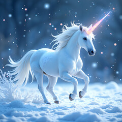 Fototapeta premium A magical white unicorn gallops through a sparkling snowy landscape under a starry sky, digital painting of fantasy concept.